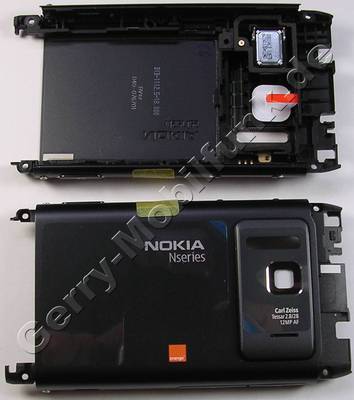Akkufachdeckel schwarz Nokia N8 original Rückenschale mir Orange Logo, Back Cover incl. Kamerascheibe Kameralinse, Freisprechlautsprecher, Lautstärketaste & Lautstärkeschalter, Kamerataste, Verriegelungstaste Tastensperre, Simkartenabdeckung, Speicherkartenabdeckung, grau