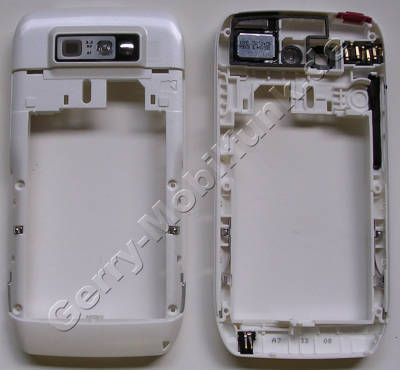 Unterschale weiss Nokia E71 original B-Cover, Mittelrahmen, Mittelcover incl. Konnektor Headset, Ladekonnektor, Ladeanschluß, Kamerascheibe, Kameralinse, Freisprechlautsprecher, Einschalttaste, Verriegelung Akkufachdeckel