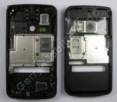 Unterschale schwarz Nokia N96 original black B-Cover Gehäuserahmen incl. Konnektoren, Freisprechlautsprecher, Tasten, Kamerascheibe ( Kameralinse ), Ladebuchse, Mikrofon, Abdeckung Speicherkartenschacht, Lautstärketaste, Kamerataste, Einschalttasten, Verriegelungstaste (Tastensperre), Headsetbuchse (Headsetkonnektor)