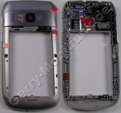 Unterschale silber Nokia E6-00 original Rücken Cover, Back-Cover silver mit Kamerascheibe, Simkartenhalter, Blitzlich LED, Seitentasten, Schiebetaste für Tastensperre, Lautstärketaste, USB-Abdeckung, Headsetbuchse, Konnektor Kopfhöhreranschlu0, Speicherkarten Abdeckung, Powerkey, Einschalttaste, Freisprechlautsprecher, Feuchtigkeitsindikator