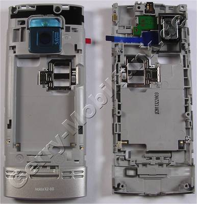 Unterschale silber Nokia X2-00 original B-Cover Gehusetrger incl. Simkartenhalter, Freisprechlautsprecher, Ladebuchse, Kamerascheibe, Blitzlicht LED, Verriegelung vom Akkufachdeckel
